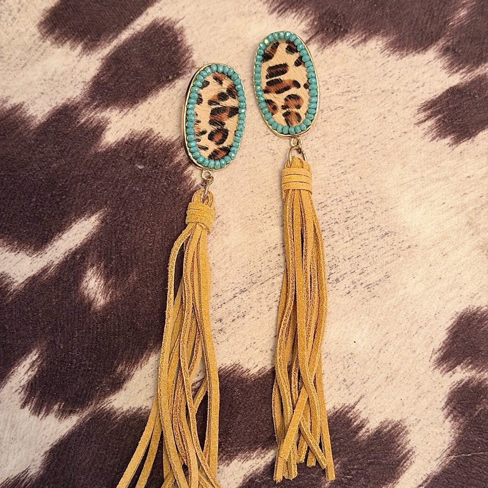 Wild Elegance Leopard and Mustard Tassel Earrings